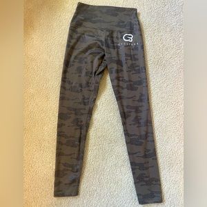 Cyclebar- 7/8 length olive green with semi-shine camo print.